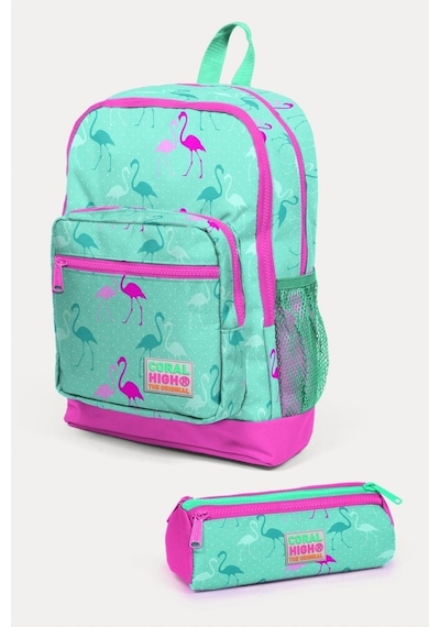 Coral High Kids Su Yeşili Neon Pembe Flamingo Desenli 2'li Okul Çanta Seti - Kız Çocuk Su Yeşili Pembe Flamingo