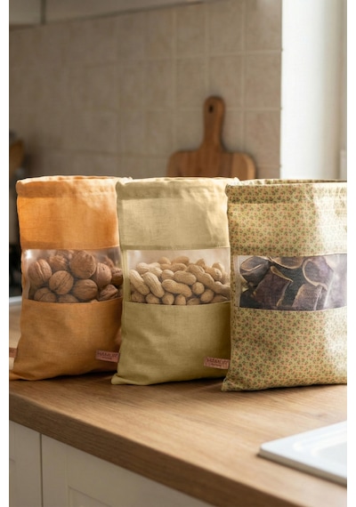 3 Adet Bakliyat Kesesi Büyük Boy 24x34 Erzak Kuru Gıda Saklama Kabı Torbası Fileli Bez Bohem-Set 104