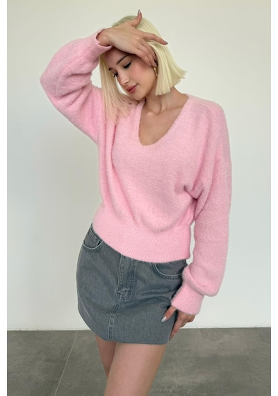 Madmext Pembe V Yaka Yumuşak Dokulu Kadın Kazak Mg2499 Pembe