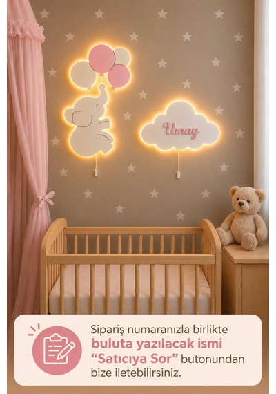 El Boyaması Ahşap Çocuğun İsmine Özel 3'lü Pilli Ledli Gece Lamba Seti Yıldız Hediyeli Bebek Çocuk Odası Pembe
