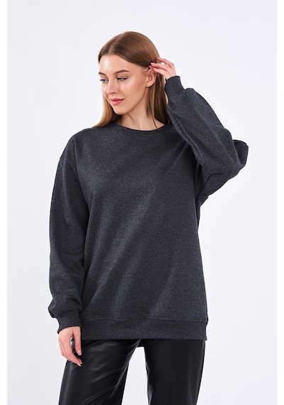 MMetalic Antrasit Kadın Pamuklu Oversize Basic Bisiklet Yaka Sweatshirt Antrasit