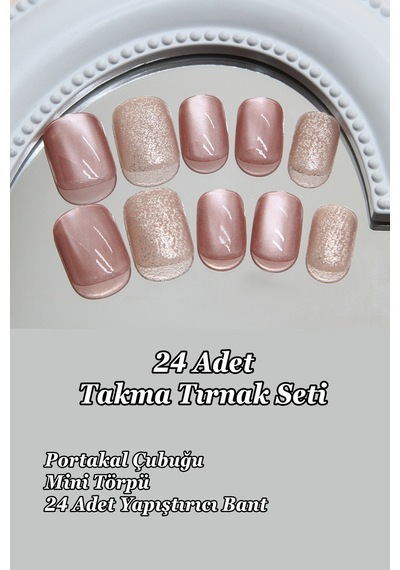 Pembe Simli 24 Adet Kedi Gözü Protez Takma Tırnak Seti Kısa Tırnak Küt Model My150 Simli Pembe