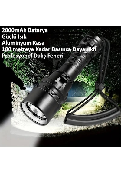 Valkyrie Şarjlı Profesyonel Su Altı Dalış Feneri Yüksek Aydınlatma Su Geçirmez Aluminyum Kasa 2000mah Kutulu
