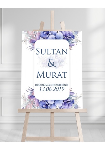 Söz Nişan Düğün İçin 50x70 Karşılama Panosu - Mavi Çiçek Desenli 001 Beyaz