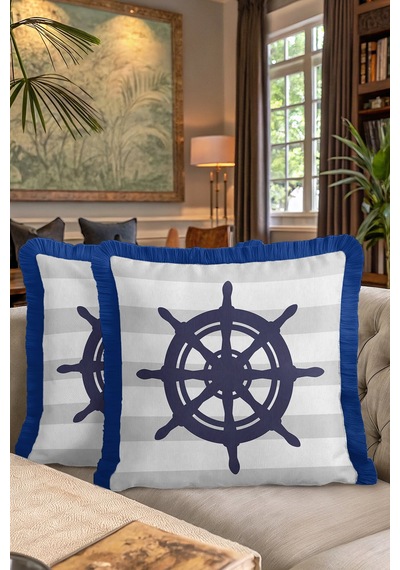 Nautical Marin Saçaklı Yastık Kılıfı - Denizci Stil Lacivert Beyaz Marin Püsküllü Kırlent Kılıfı Çok Renkli