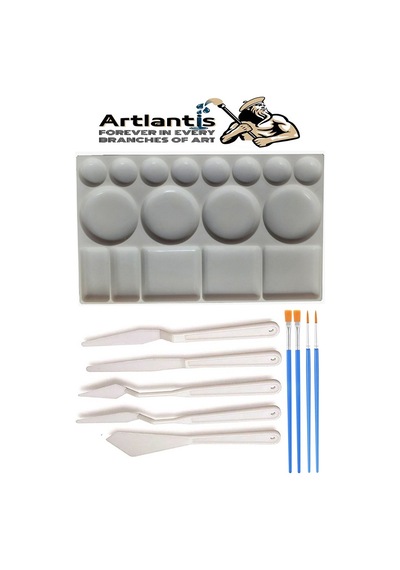 Plastik Masa Üstü 17 Hazneli Resim Paleti 5 Li Plastik Spatula Ve Resim Fırçası 1 Paket Ressam Sanatsal Palet Bıçağı