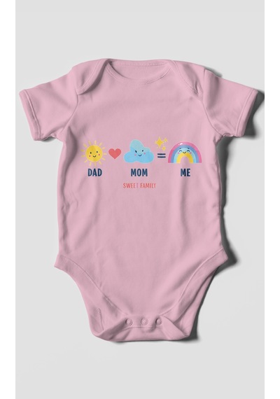 Morivokids Dad Mom Me Sweet Family Kısa Kollu Bebek Body %100 Pamuk Koyu Pembe