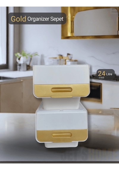 2 Li Beyaz-gold Tekerlekli Patateslik Soğanlık Oyuncak Kutusu Patates Soğan Sepeti 24 Lt Gold-beyaz