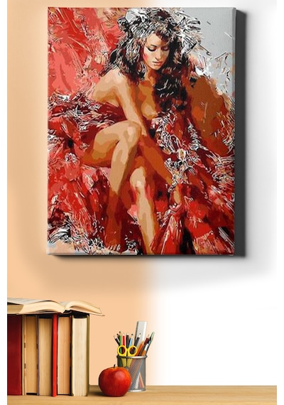 Webstyle Sayılarla Boyama Seti Çerçeveli Kasnaklı Kırmızılı Kadın 50 X 65 Cm