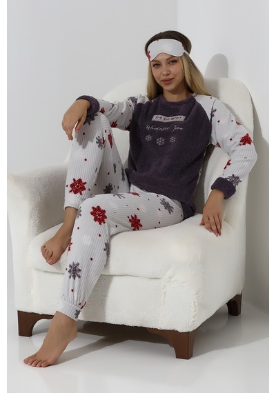 Fawn 5009 Peluş Welsoft Polar Kışlık Yumoş Kadın Pijama Takımı Koyu Gri