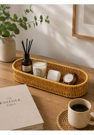 Rattan Oval Organizer Düzenleyici Masaüstü Tezgahüstü Yağlık Standı Çok Amaçlı Sepet 31 12cm Açık Sarı