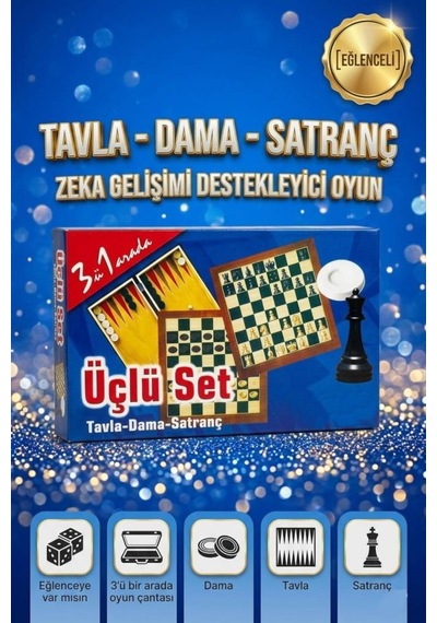 3'ü 1 Arada Tavla Dama Ve Satranç Eğitici Ve Eğlenceli 2 Kişilik Kutu Oyun Seti