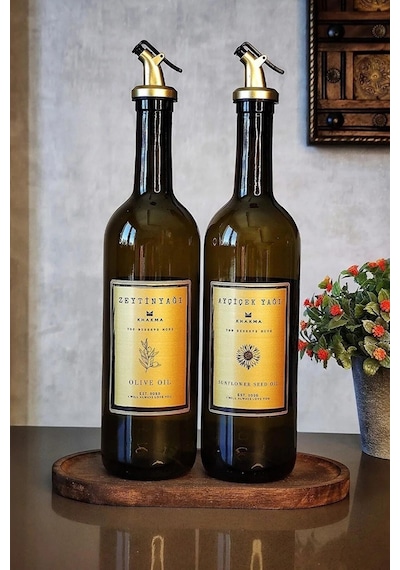 Khakma Ahşap Standlı Zeytinyağı Sıvıyağ Şişesi Yağdanlık 2'li Amber - Gold 750 ML