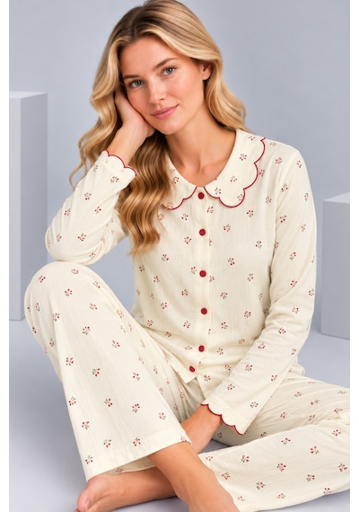 Pijamask Kadın Çiçek Desenli Bebe Yaka Düğmeli Uzun Kollu Müslin Pijama Takımı Krem