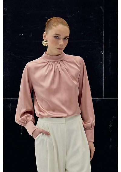 Sateen Yaka Detaylı Saten Bluz - Pembe-136727 Pembe
