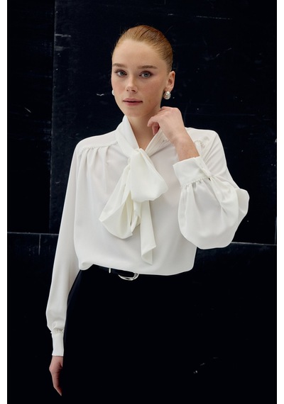 Sateen Aksesuar Detaylı Fularlı Bluz - Ekru-137041 Ekru