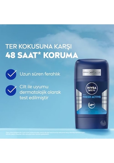 Men Erkek Stick Deodorant Fresh Active 50 Ml, Ter Ve Ter Kokusuna Karşı 48 Saat Deodorant Koruması, Okyanus Özleri,a