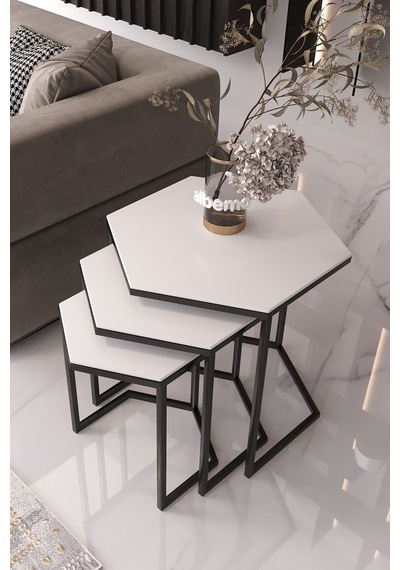 Usta Mekan Altıgen Siyah Metal Beyaz Mdf Tablalı 3lü Zigon Sehpa 6gen - Beyaz