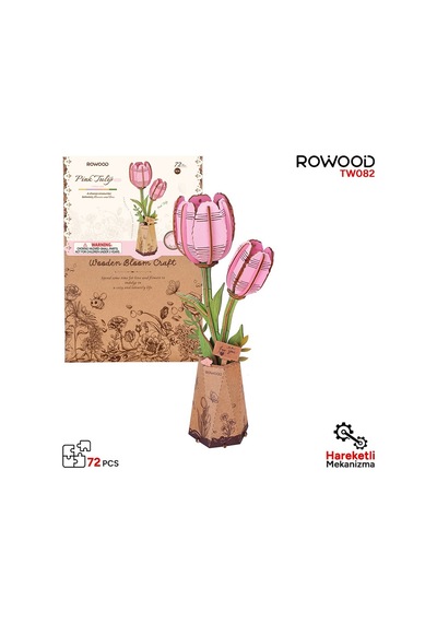 Rowood Tw082 Pembe Lale Çiçek Pink Tulip Dıy Minyatür Maket Model Ahşap 3d Wooden Puzzle Model Kit Ahşap Maket Dekoratif Hobi Seti