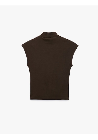 Koton Pamuklu Slim Fit Kolsuz Dik Yaka Bluz Kahverengi 7wak50081ek Kahve