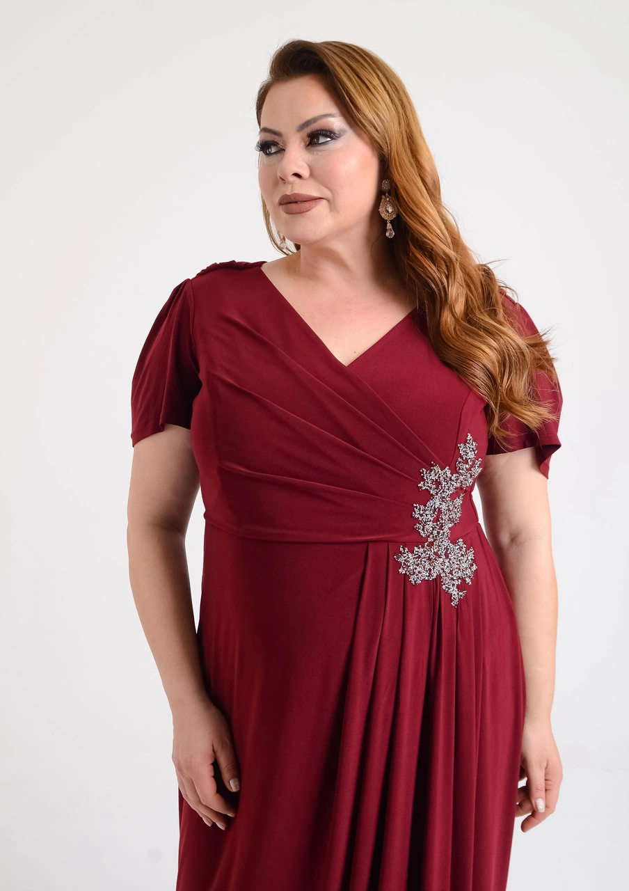 Lilas Xxl Büyük Beden Bordo Renkli Kısa Kollu Likralı Uzun Abiye Elbise Bordo