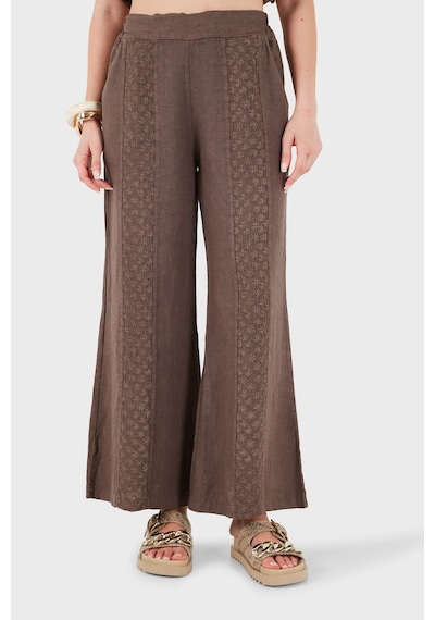 Via Dante % 100 Keten Relaxed Fit Brode İşlemeli Pantolon Bayan Pantolon 69912211 Kahve