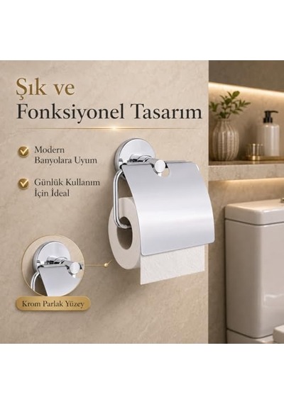 Alper Banyo Kapaklı Tuvalet Kağıtlığı, 304 Paslanmaz Çelik, Krom Kaplama Wc Kağıtlık, Yapışkanlı Ve Vidalı Montajlı,  Banyo Aksesuarı 16.5 x 12.2 x 11.2 CM