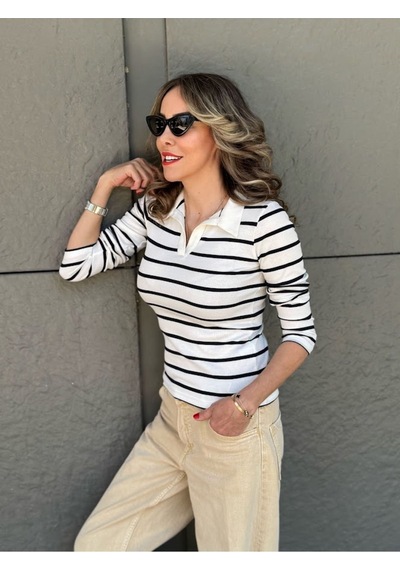 Polo Yaka Çizgili Kaşkorse Bluz - S504447 Çok Renkli Polo Yaka Çizgili Kaşkorse Bluz - S504447 Çok Renkli