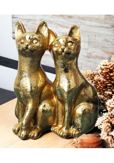 Gold Kedi Çift Biblo Heykel Hediyelik Dekoratif Ürün Konsol Vitrin Masa Süsü Ofis Ev Hediyesi