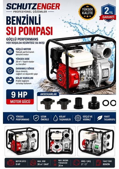 9 Hp 3 Inç Çıkışlı Benzinli Su Pompası 200 Mt Yatay Su Basar 4 Zamanlı Motor Turbo Güç Kırmızı