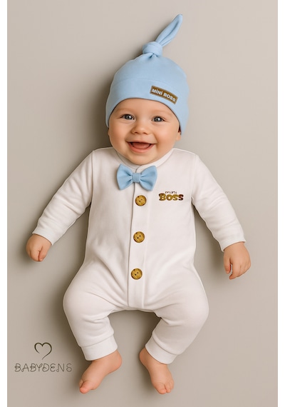 Babyden's Mini Boss Erkek Bebek Tulum Ve Şapka Seti Yenidoğan Papyonlu Bebek Tulumu %100 Pamuk Mavi