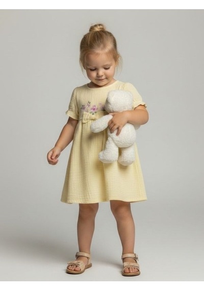 Zekids Kız Bebek Müslin Kumaş Çiçek Nakışlı Elbise-17288 Sarı