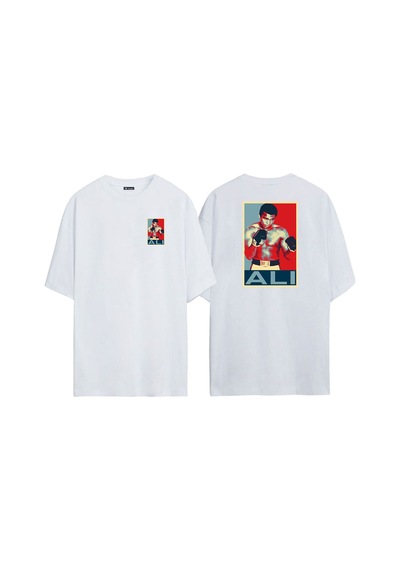 Thewert Unisex Kırmızı Ve Mavi Muhammed Ali Ön Arka Baskılı Beyaz Oversize T-shirt