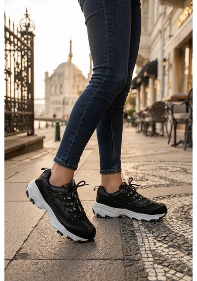 Fort 07387 Rahat Kalın Taban Sneaker Kadın Ayakkabı Siyah - Beyaz