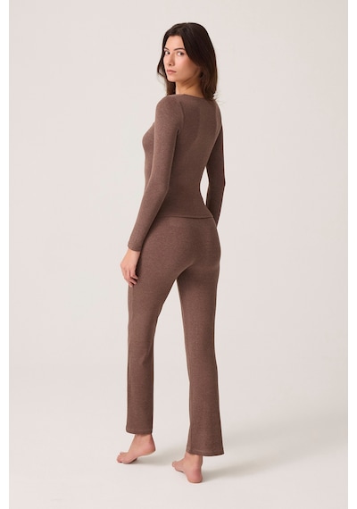 Los Ojos X Ece Kahverengi Modal Kumaşlı Uzun Kollu Eşofmanlı Pijama Takımı Ribbed Pj2 Kahverengi Kahverengi