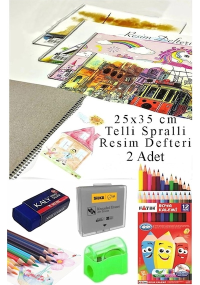 12 Renk Fatih Kuru Boya 25x35 Cm Telli Spralli Resim Defteri Hamur Silgi Kalemtraş 15 Yaprak Resim Defteri Kuruboya Çok Renkli