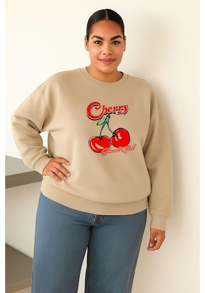 Benroma 3 İplik Penye Cherry Kiraz Baskılı Büyük Beden Unisex Sweatshırt Bej