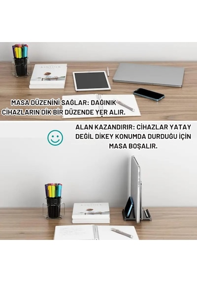 Coofbe 3 Bölmeli Metal Genişlik Ayarlamalı Masaüstü Dikey Apple Uyumlu MacBook Laptop Notebook Standı Telefon Tablet Standı Siyah