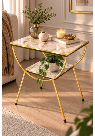 Sulorahome Gold Metal Yan Sehpa Mermer Desenli Çift Raf Kapasiteli Altın - Beyaz Mermer