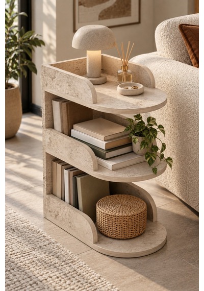 Sulorahome Ekru Traverten Desenli Yan Sehpa 60x43 Cm