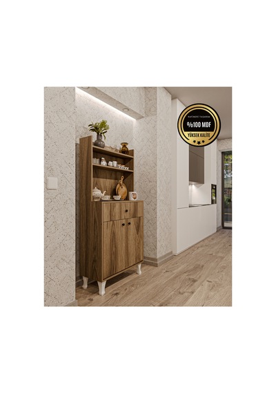 Whıte Çok Amaçlı Dolap Kahve Köşesi Mutfak Balkon Dolabı Ceviz