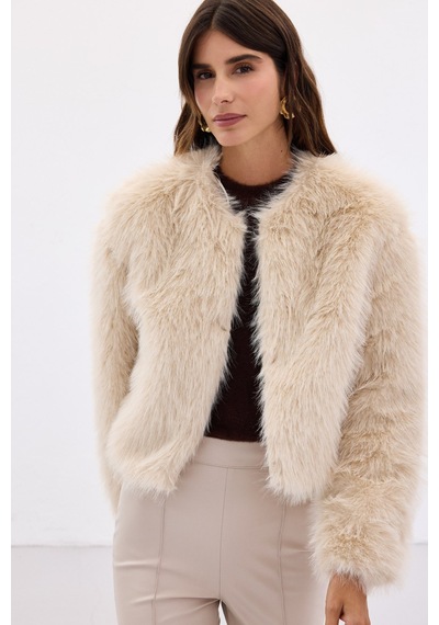 Sateen Yakasız Kürk - Bej-135665 Bej