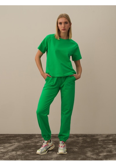 Xint Yeşil Oversize Bisiklet Yaka Pamuklu Tişört 602324