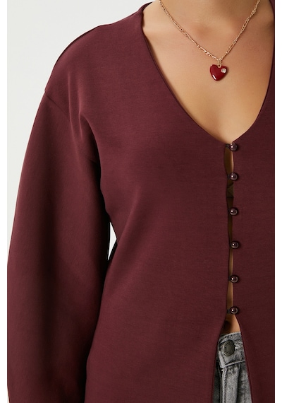 Ritnice Kadın Osea Premium Bele Oturan Bordo Şık Düğme Detay Peplum Bluz Bordo