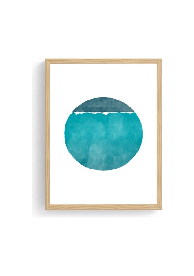 Doğal Ahşap Çerçeveli Soyut Mavi Tonlarda Tablo - Minimal Huhu1407