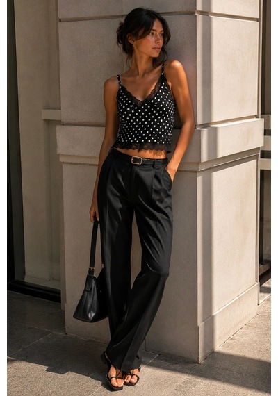 Bbbutikbasic Dantel Detaylı İp Askılı Atlet Esnek Fit Kadın Crop Bluz My3535 Siyah2