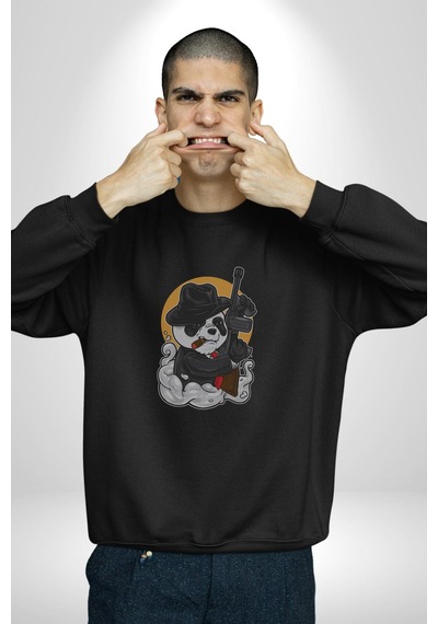 Gangster Panda Unisex Siyah Baskılı Sweatshirt Siyah