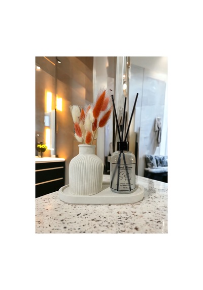 Buççin Online Mağaza Dekoratif Standlı Çizgili Vazolu Soft Fresh Fiber Çubuklu Oda Kokulu Set 100 Ml Beton Beyaz
