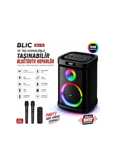 Blic Bls-79 20w 10 İnç Bluetooth Hoparlör, Rgb Işıklı, Güçlü Bass Çift Kablosuz Mikrofonlu, Kumandalı-14793