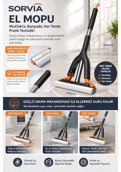 Kendinden Sıkmalı Kelebek Mekanizmalı Süngerli El Mopu Çelik Saplı Pratik Temizlik Seti